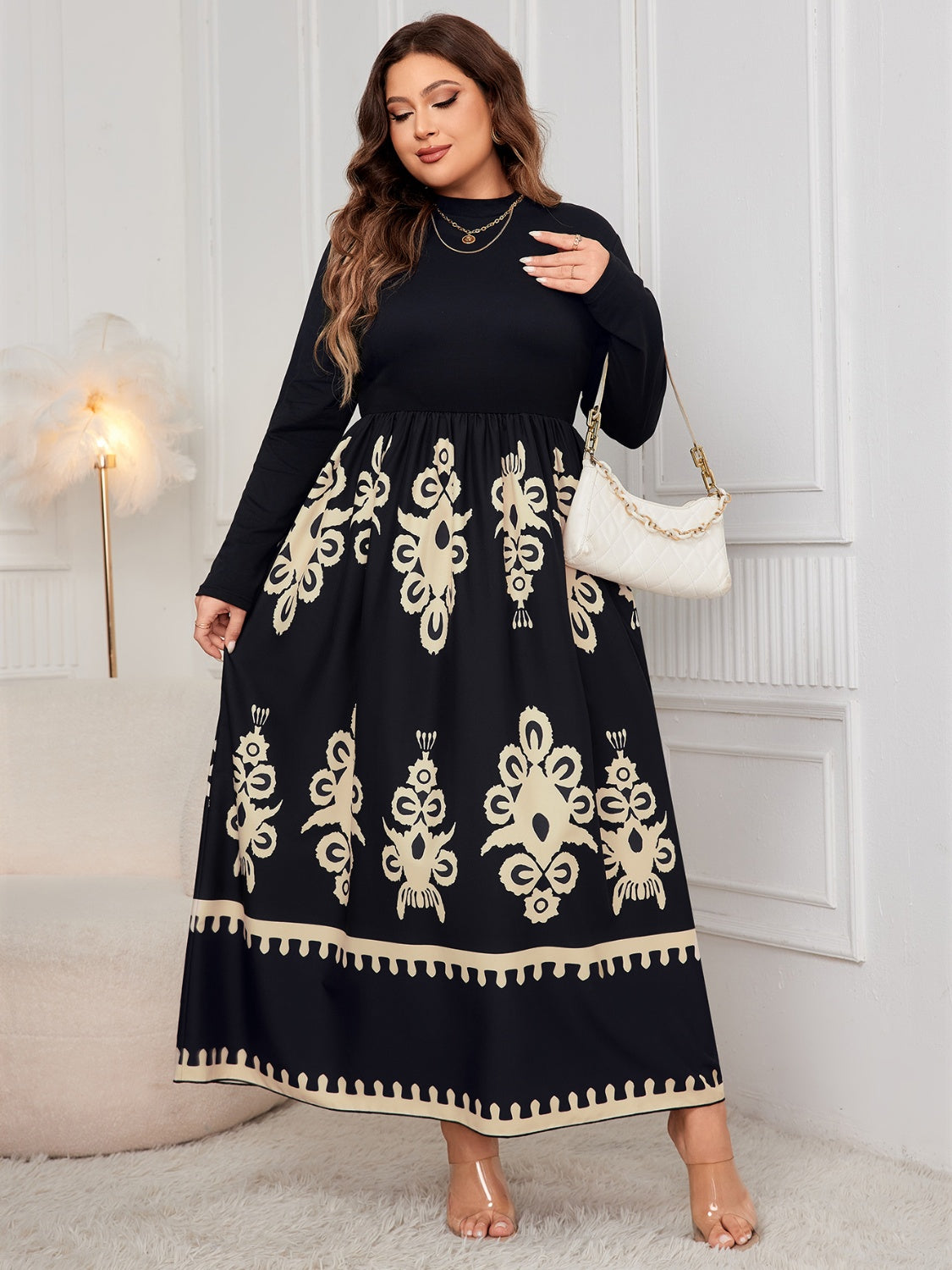 Plus Size Printed Mock Neck Black Long Sleeve Dress