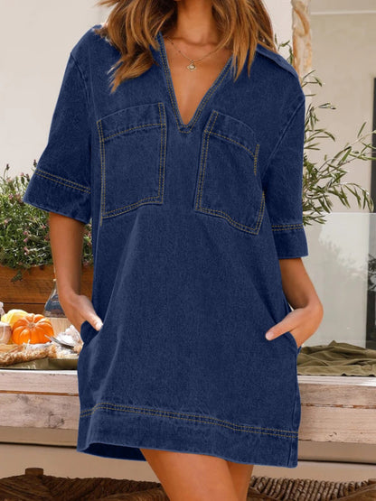 Johnny Collar Half Sleeve Denim Dress