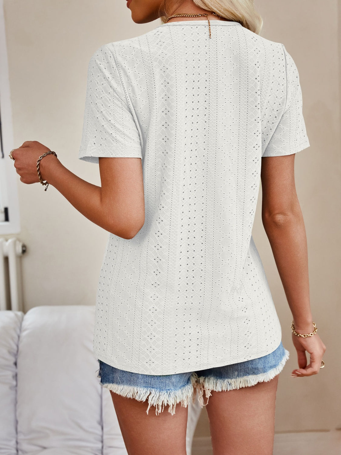 Full Size Eyelet V-Neck Short Sleeve Top