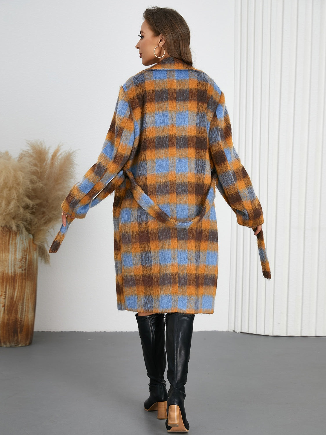 Tied Plaid Collared Neck Coat