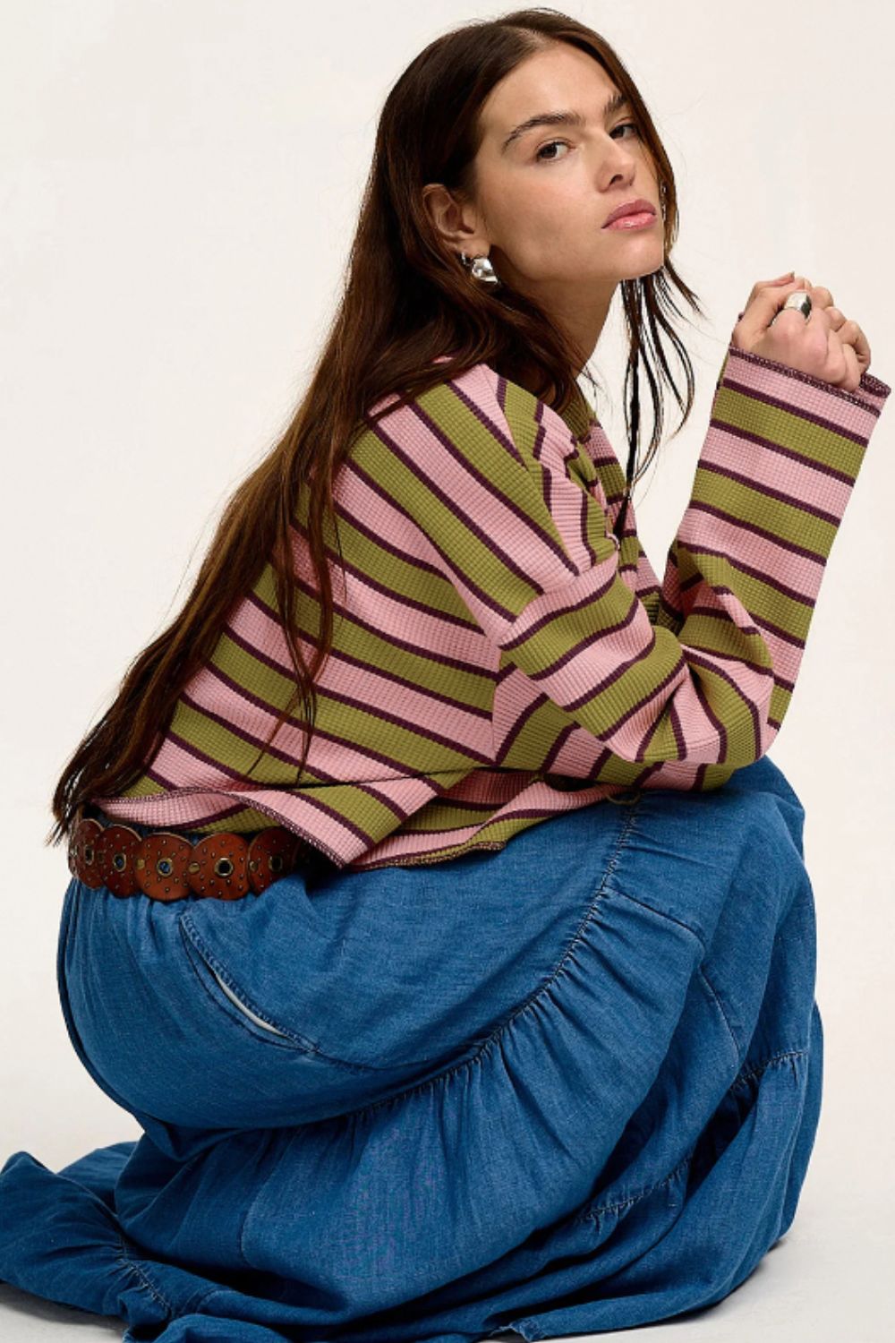 Striped Notched Long Sleeve T-Shirt