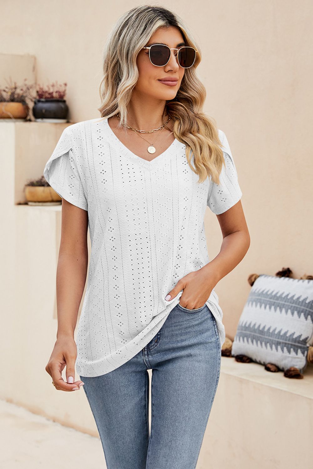 Eyelet Petal Sleeve V-Neck Knit Top