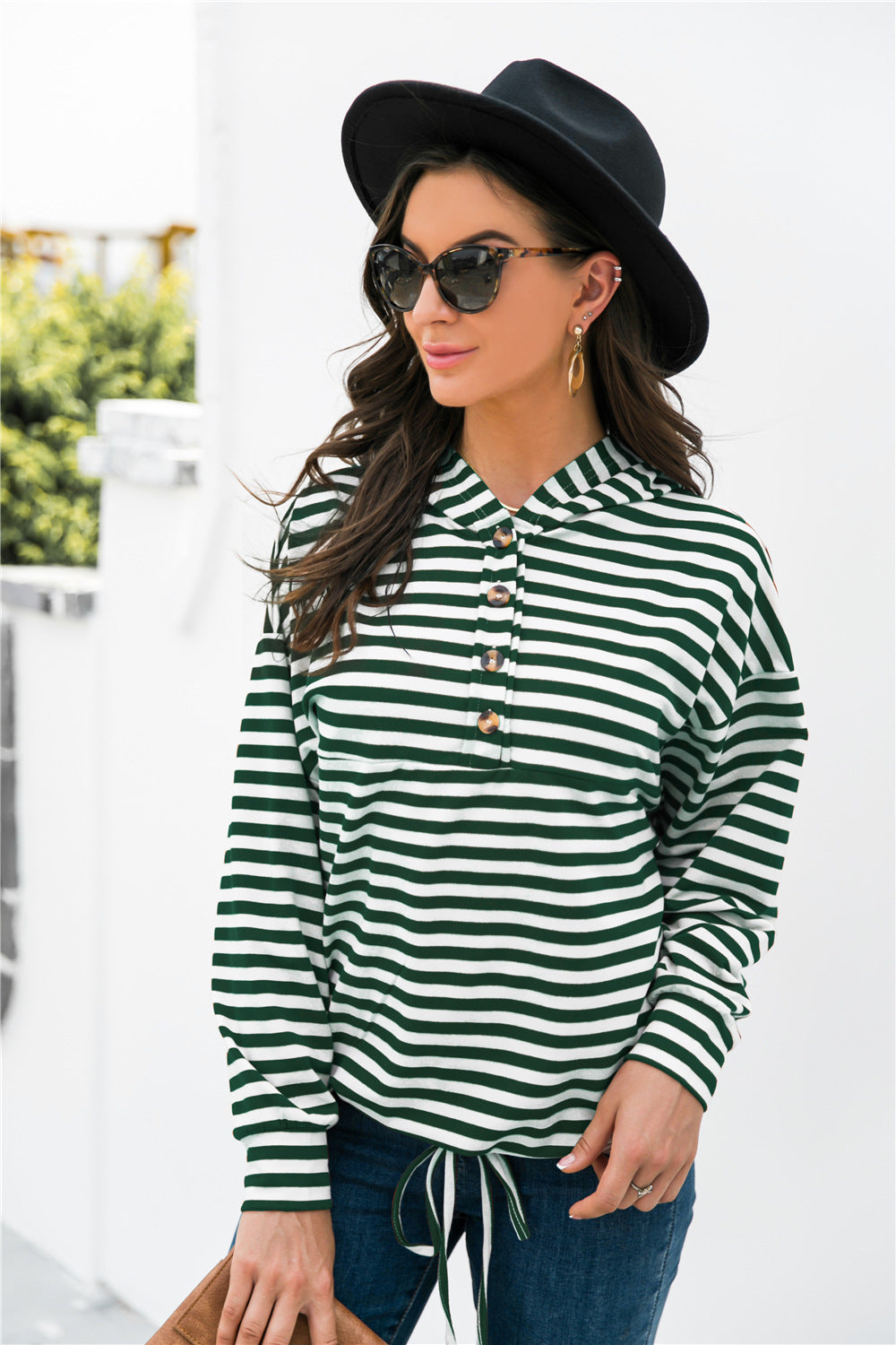 Striped Half-Button Dropped Shoulder Hoodie