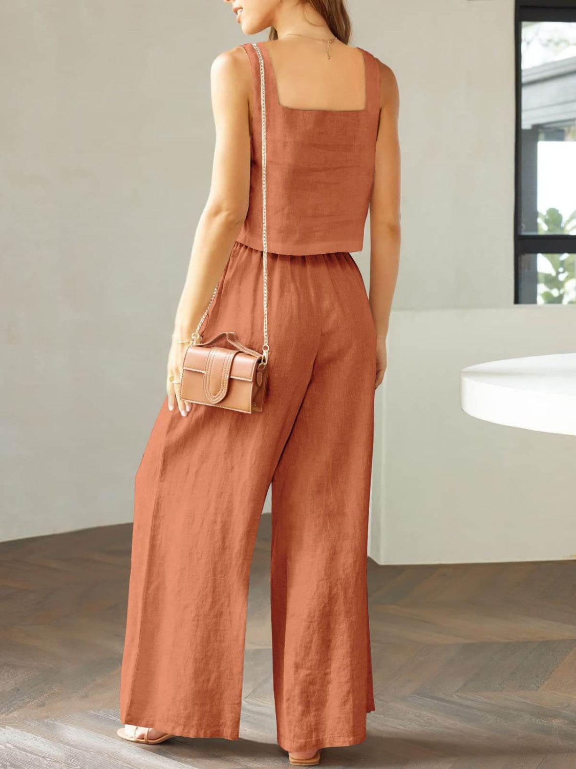 Full Size Square Neck Top and Wide Leg Pants Set