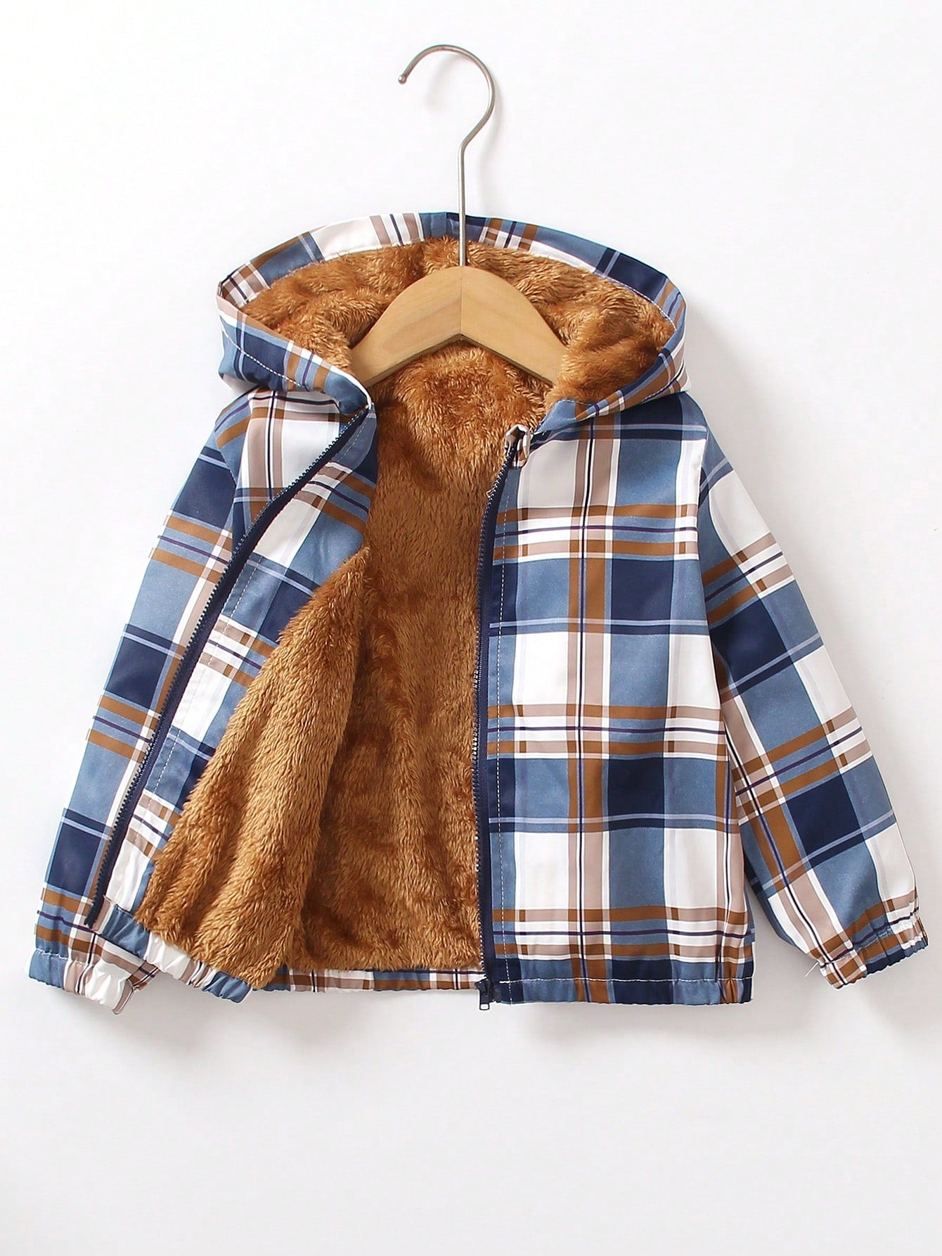Youth Little Boy's Plaid Print Teddy Lined Hooded Jacket without T-Shirt