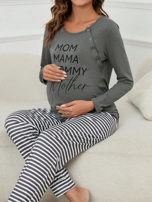 Maternity Sleepwear Striped Graphic Nursing Tee & Adjustable Waist Pants Lounge Set