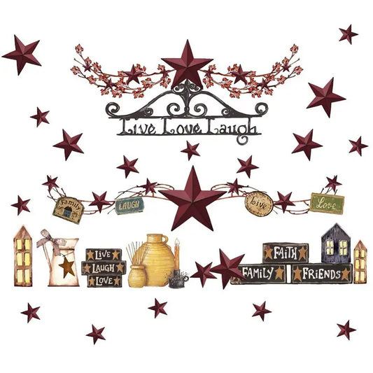 Live Love Laugh Rustic Star Pattern PVC Wall Sticker Decoration, 1180x390mm