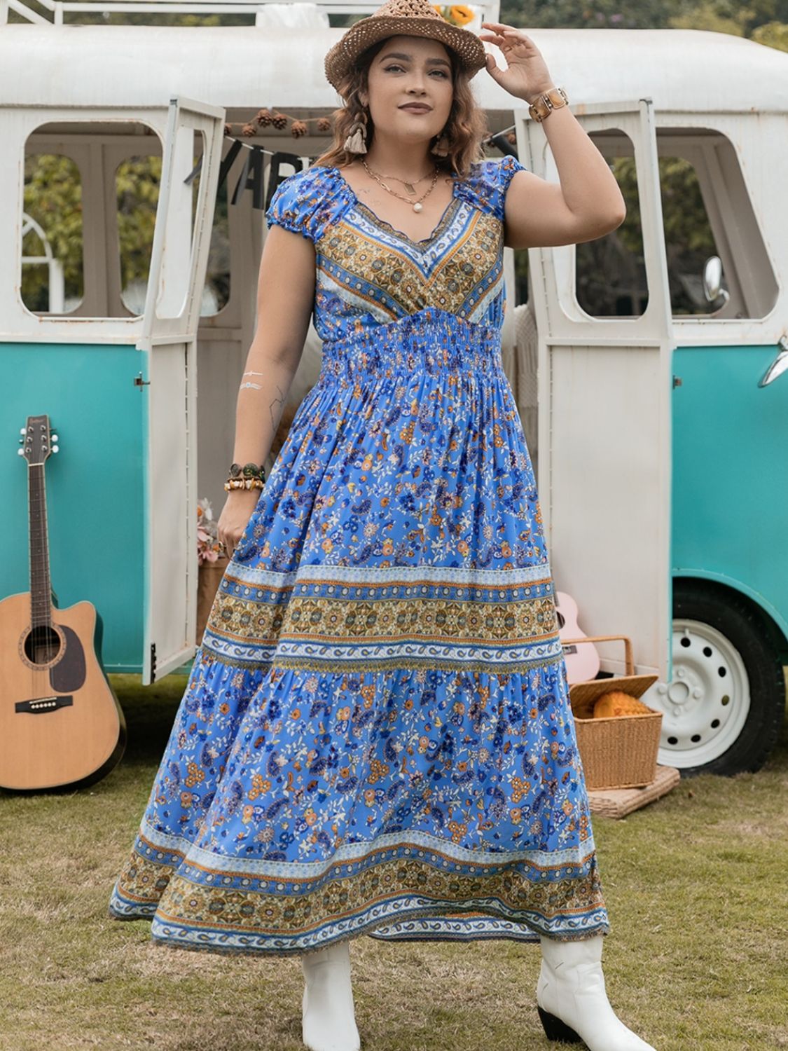 Plus Size Smocked Printed Blue Cap Sleeve Dress