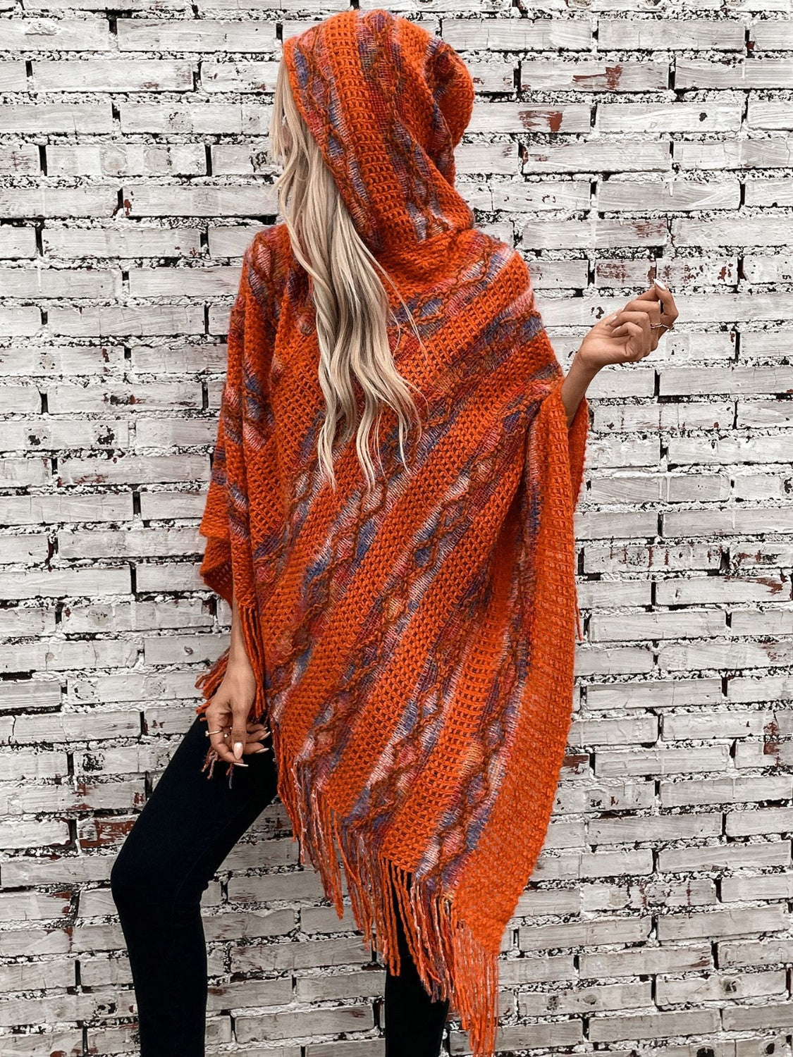 Fringe Contrast Hooded Poncho