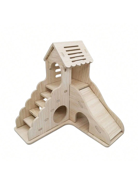Hamster Hideout Accessories - Wooden Animal Hideaway with Climbing Ladder and Slide for Small Animals