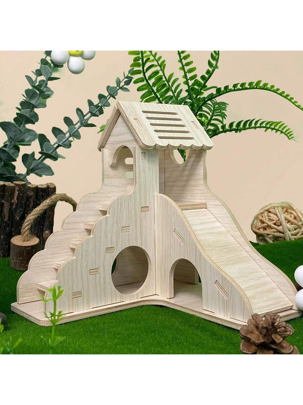 Hamster Hideout Accessories - Wooden Animal Hideaway w Climbing Ladder & Slide for Small Animals 💜