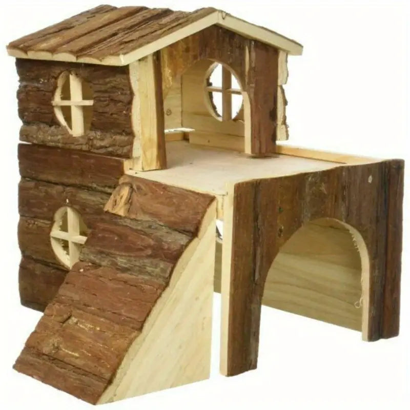 Woodland Adventures Two Story Wooden Small Pet Hamster House with Ramps