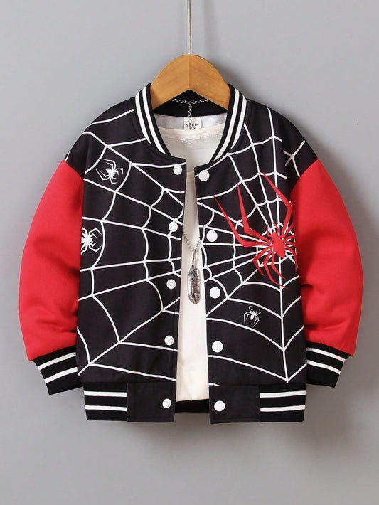 Youth Little Boy's Casual Long Sleeve Spider Printed Baseball Jacket 💜