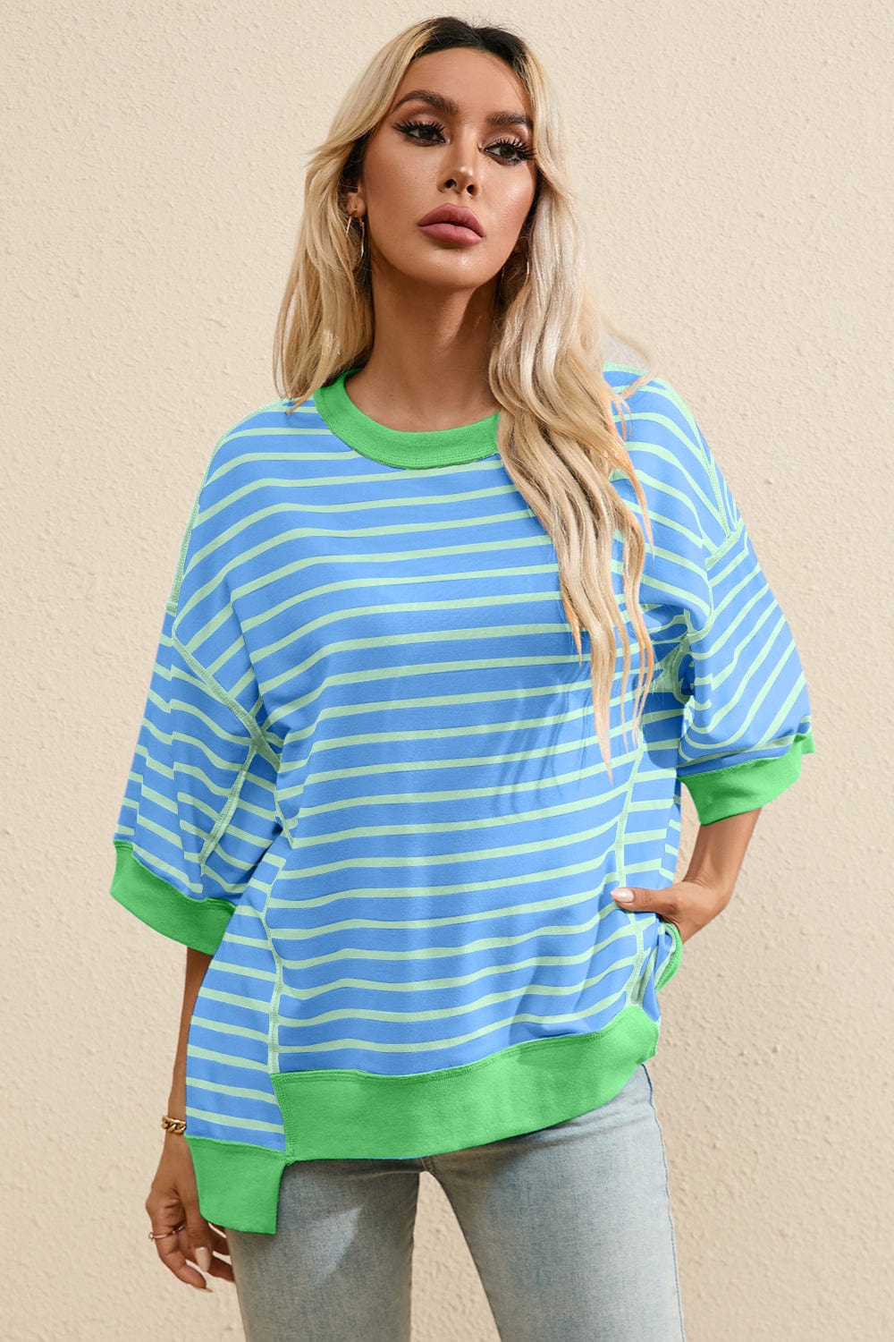 Full Size Striped Round Neck Half Sleeve T-Shirt