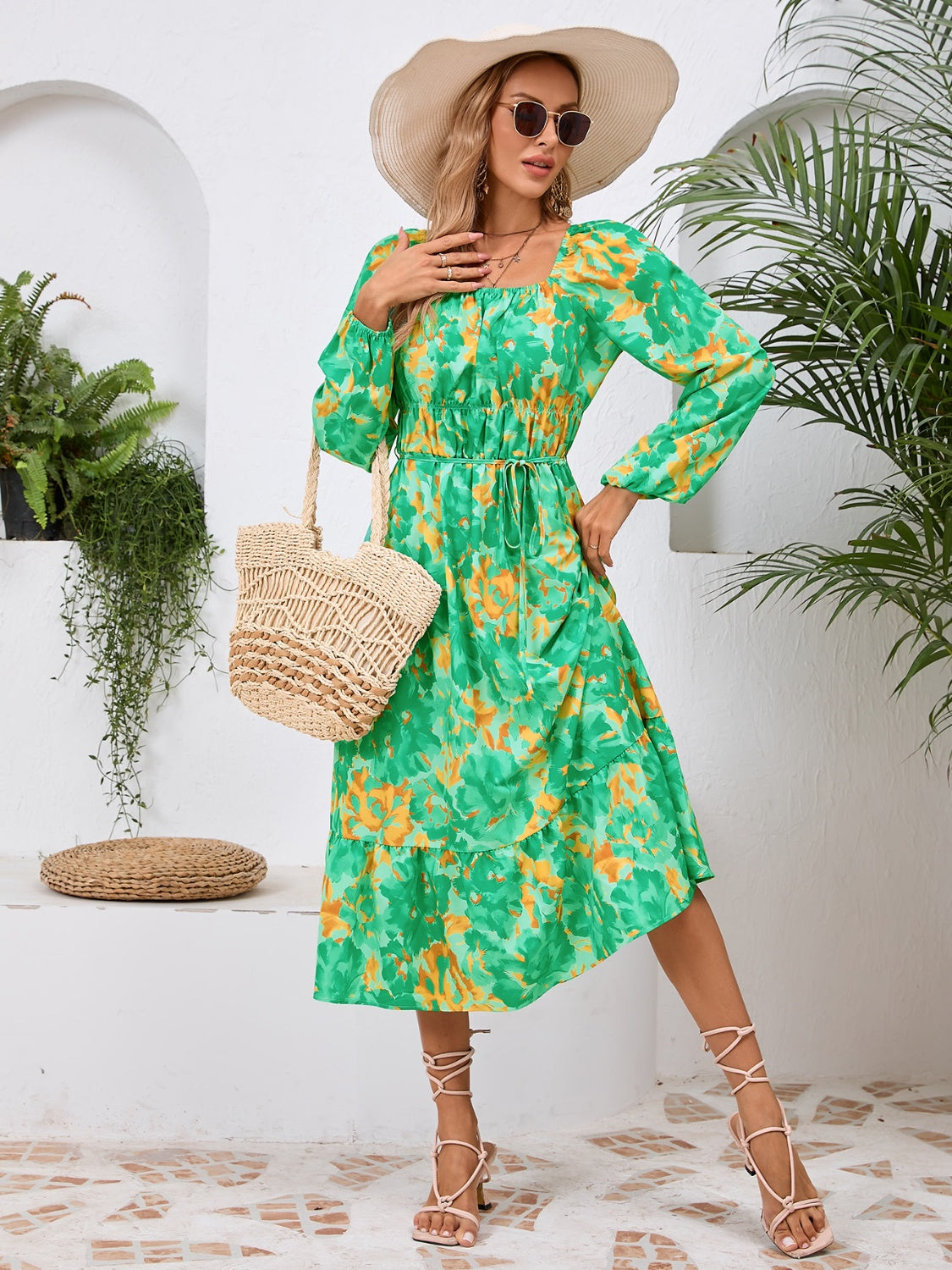 Full Size Printed Long Sleeve Midi Dress