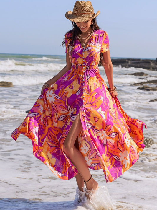 Full Size Printed V-Neck Short Sleeve Midi Dress