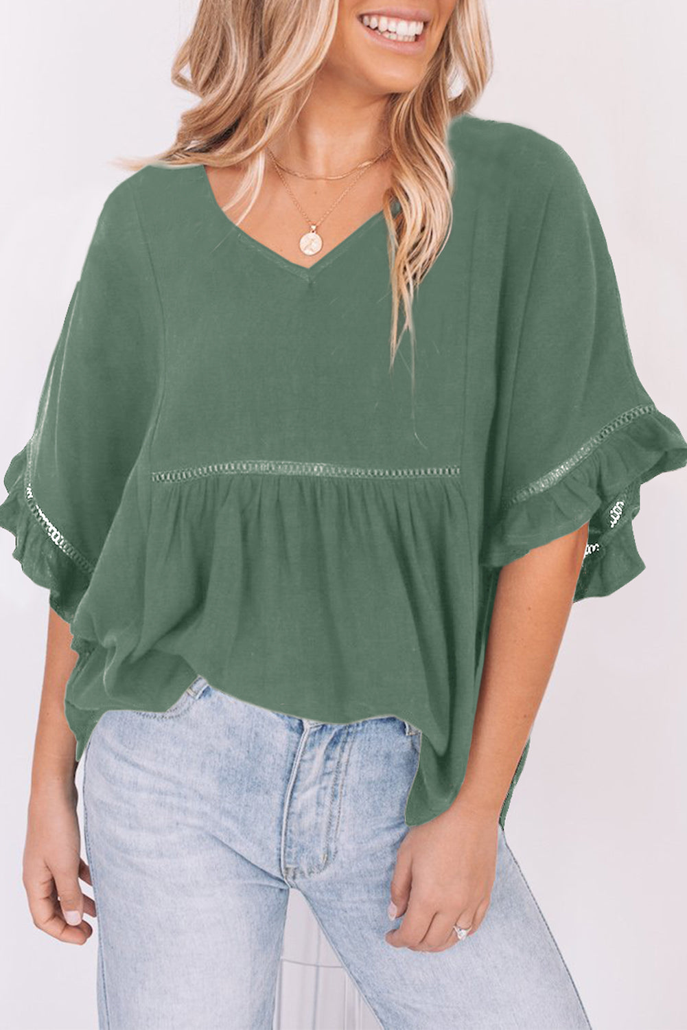 SO YOU V-Neck Flounce Sleeve Babydoll Blouse