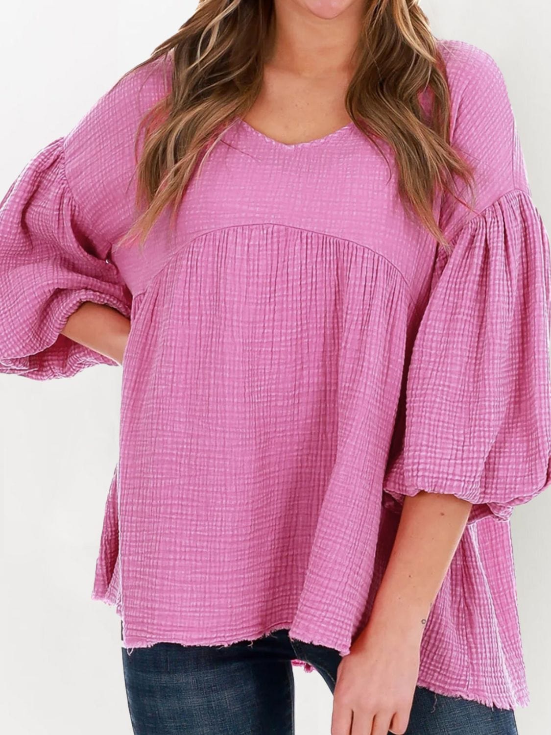 Lantern Sleeve Round Neck Blouse