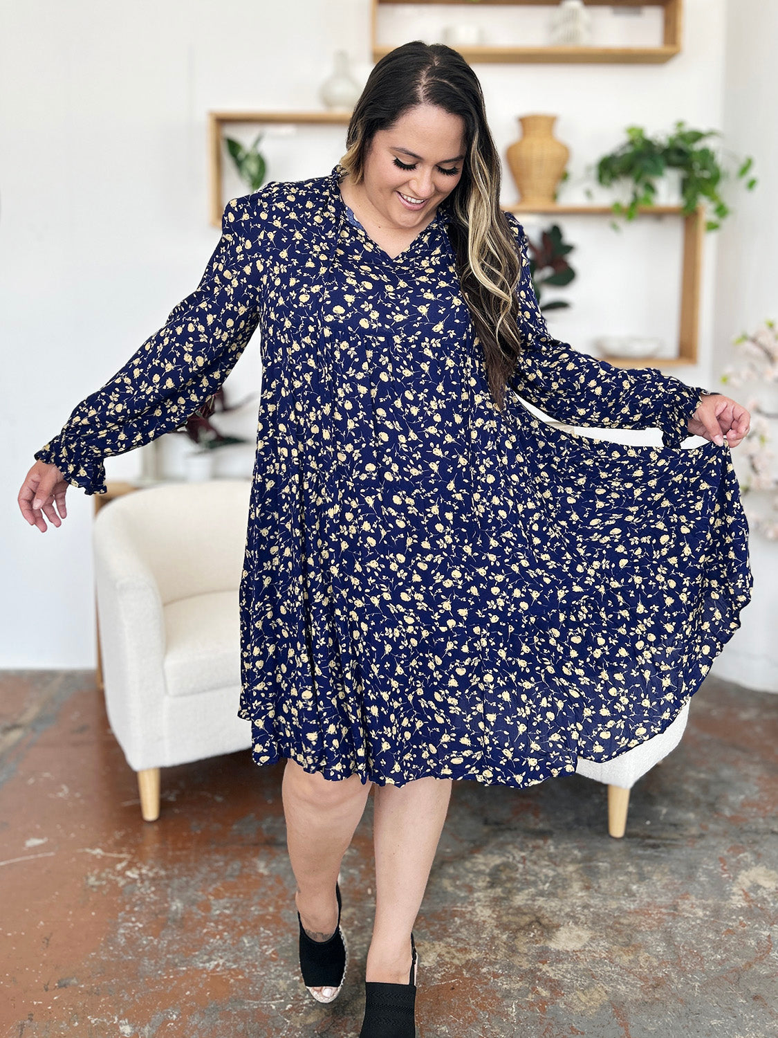 Double Take Full Size Printed Ruffle Hem Long Sleeve Dress