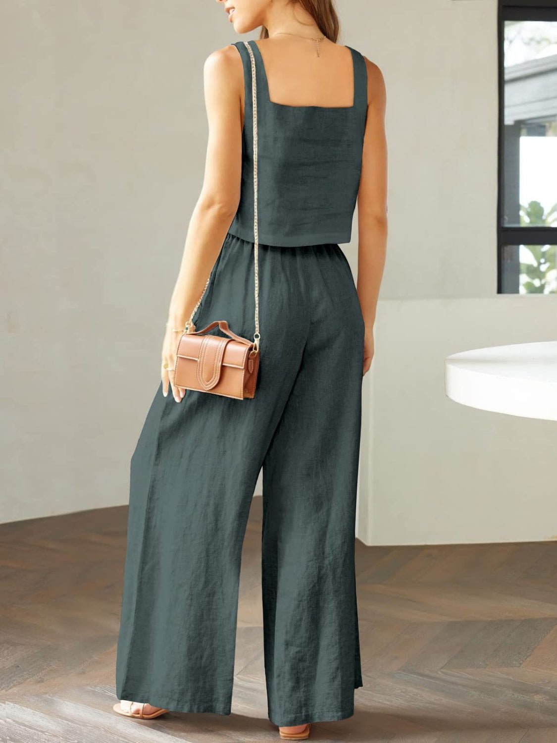 Full Size Square Neck Top and Wide Leg Pants Set