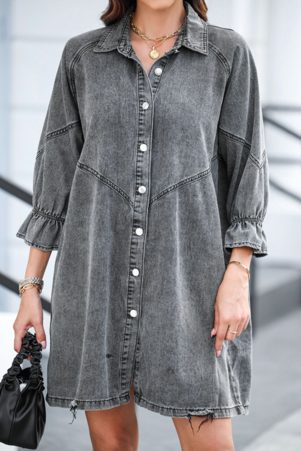 Distressed Collared Neck Flounce Sleeve Denim Dress