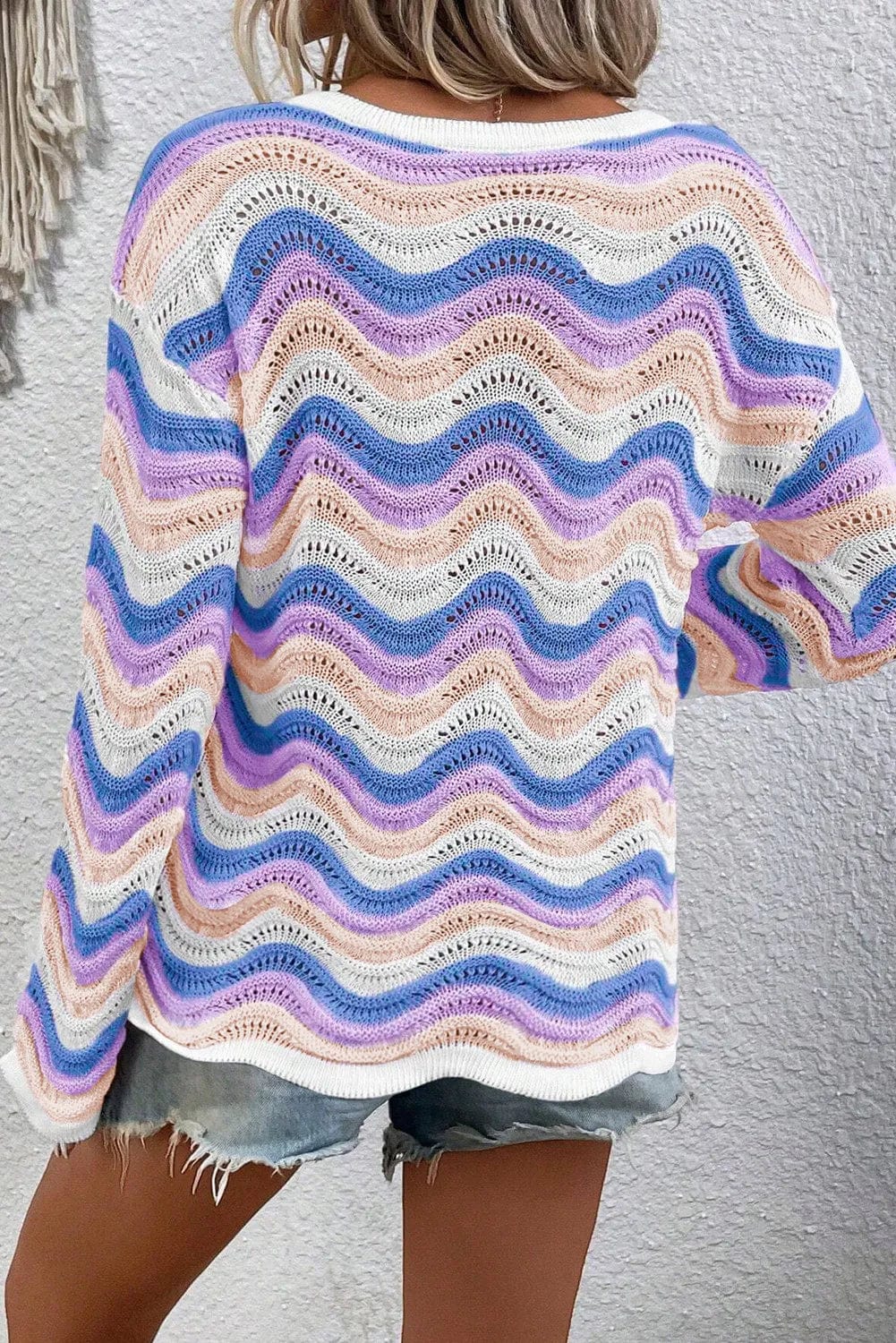 Contrast Wave Stripe Long Sleeve Sweater