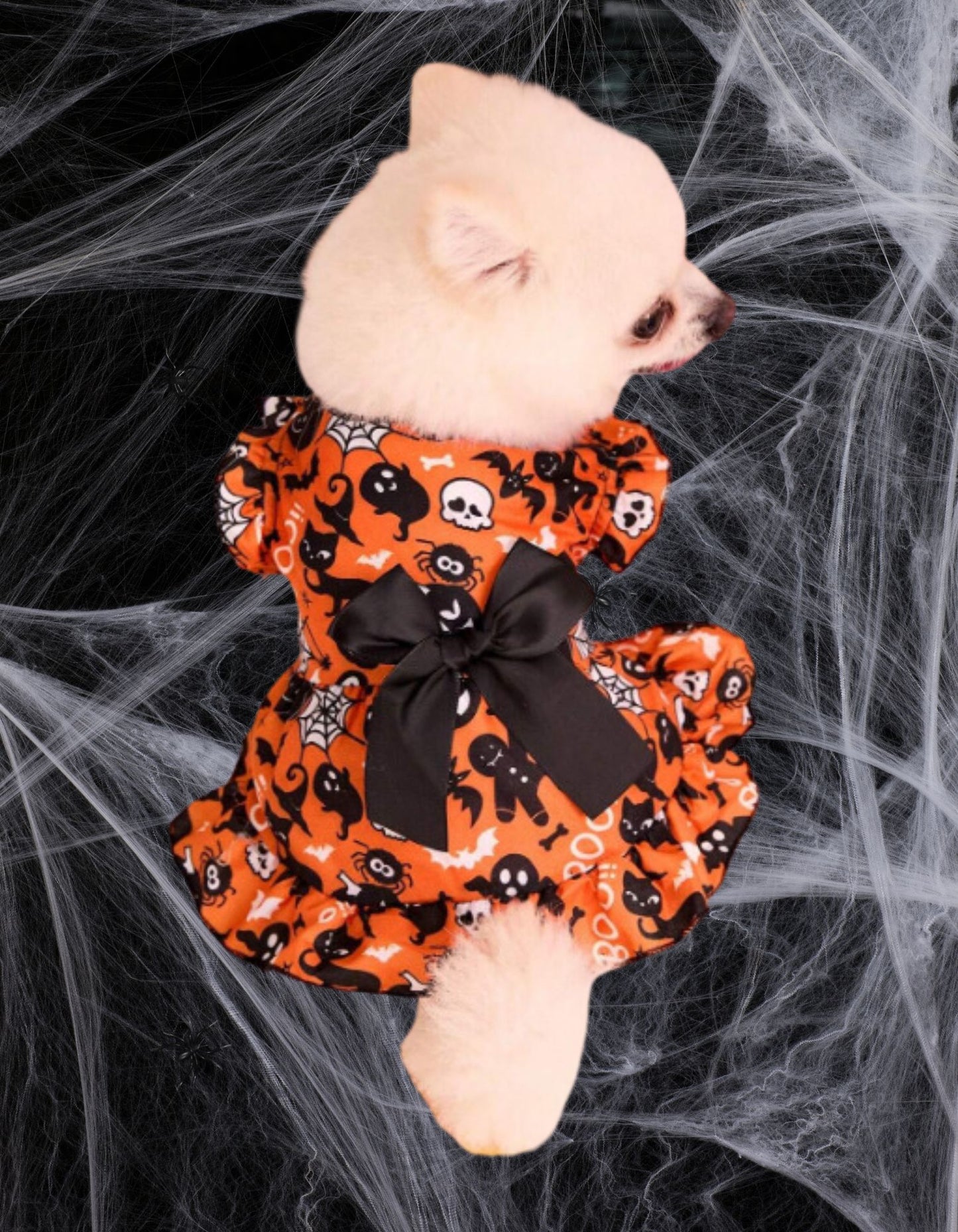 LOVE MY PET Halloween Princess Puff Sleeve Dress with Orange Bow