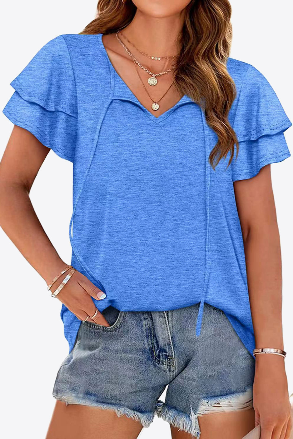 Tie-Neck Layered Flutter Sleeve Blouse