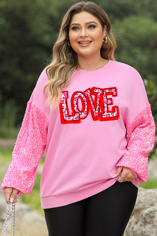 Plus Size LOVE Sequin Round Neck Sweatshirt