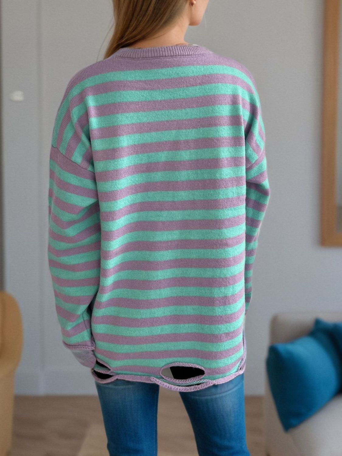 Distressed Striped Round Neck Long Sleeve Sweater