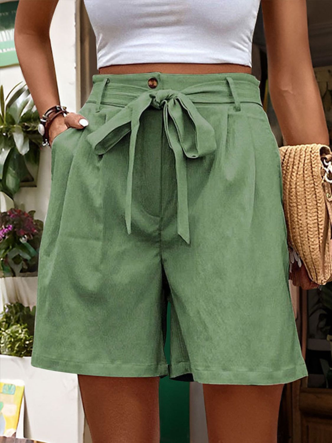 Tied High Waist Shorts with Pockets