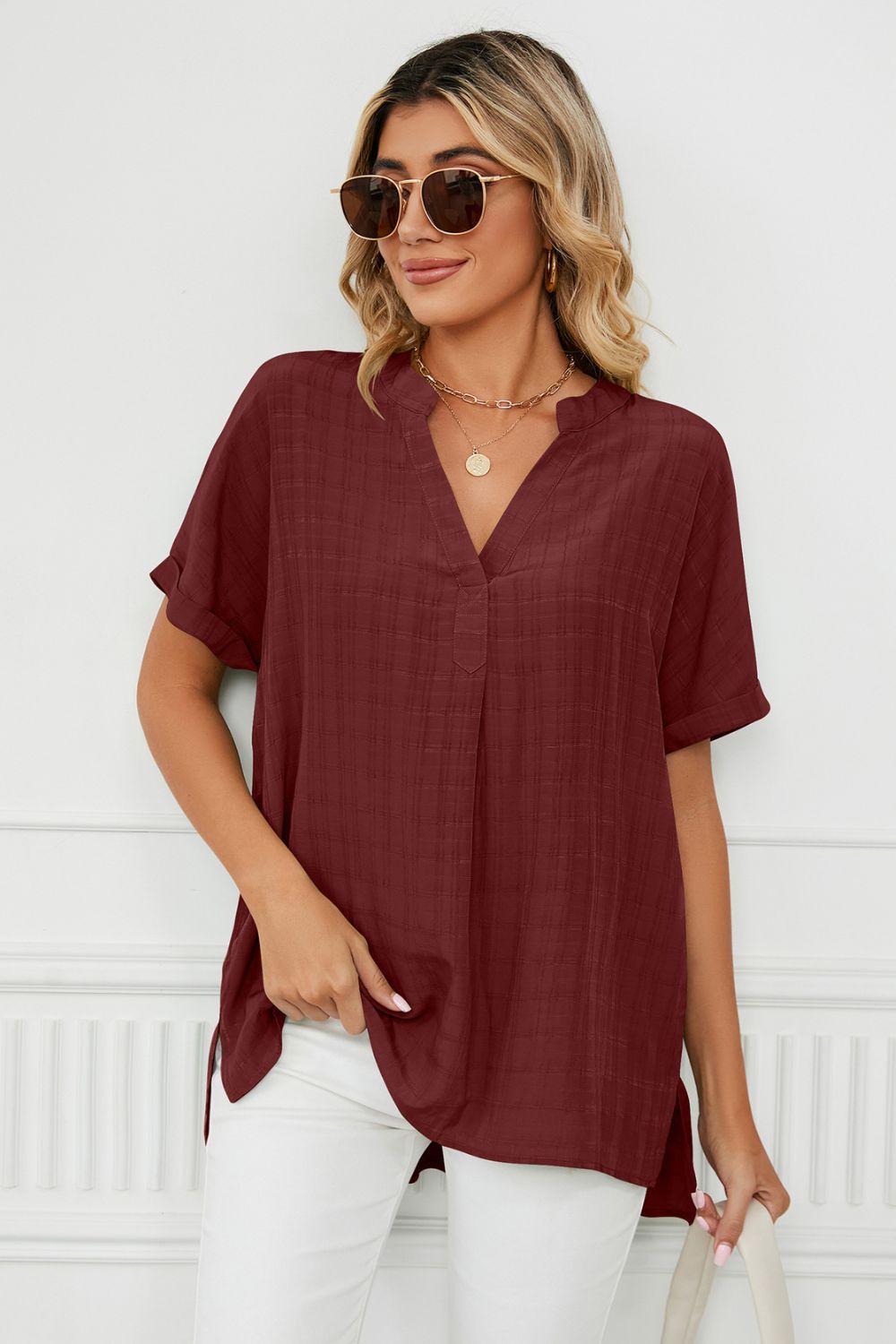 Full Size Side Slit Notched Neck Cuffed Short Sleeve Blouse