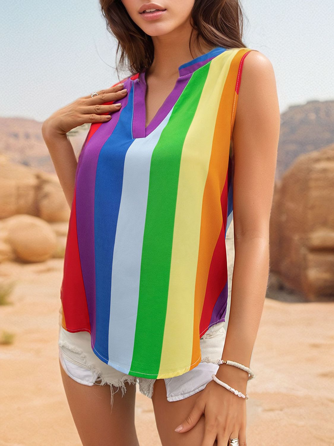 Color Block Notched Sleeveless Top
