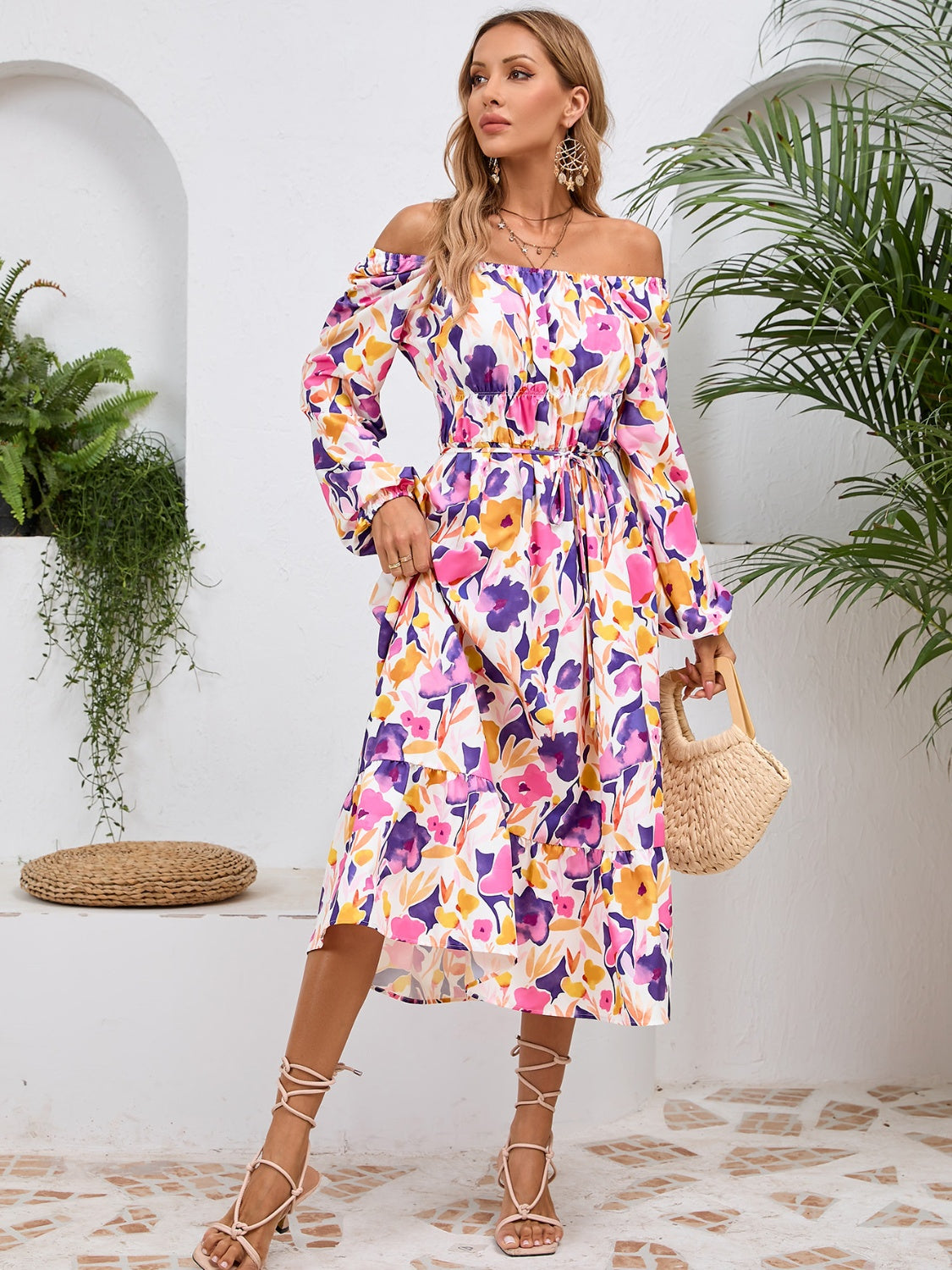 Full Size Printed Long Sleeve Midi Dress