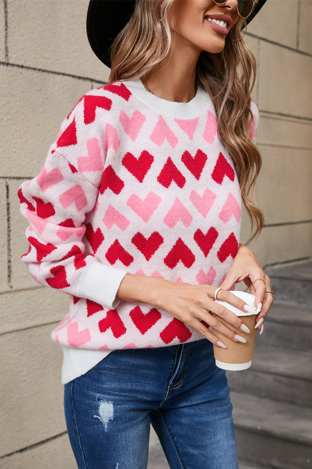 Angel Wings Contrast Heart Round Neck Sweater