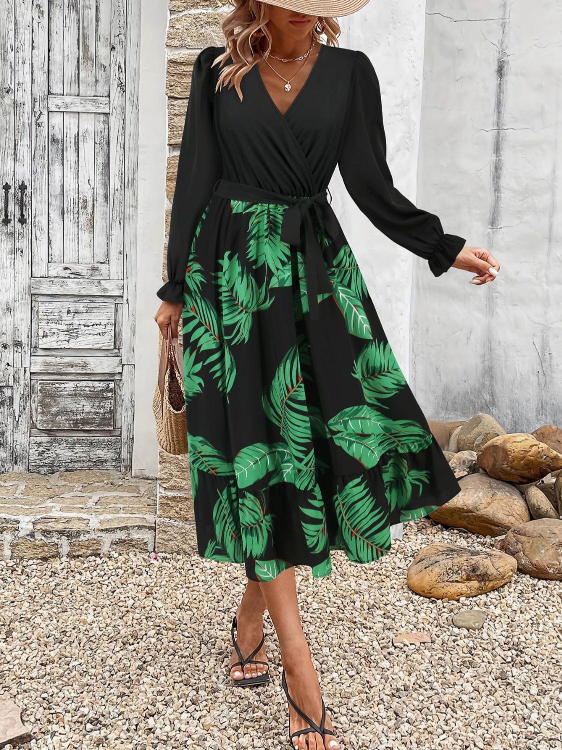 Full Size Tied Ruffled Printed Long Sleeve Dress