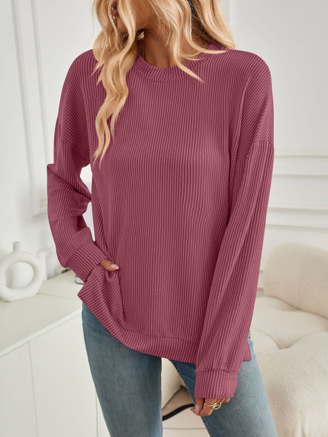 Slit Round Neck Long Sleeve Sweatshirt