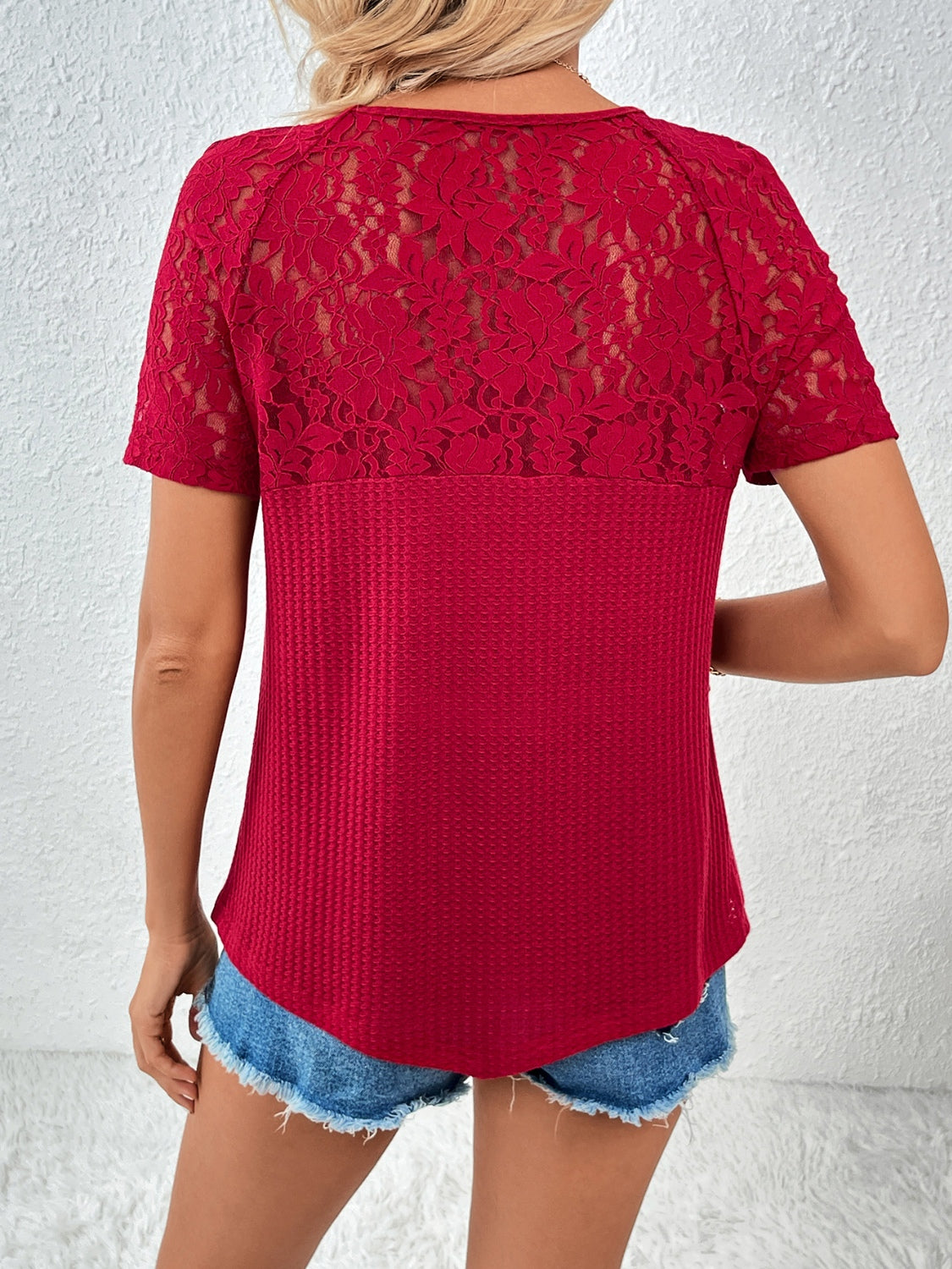 Full Size Lace Detail V-Neck Short Sleeve T-Shirt