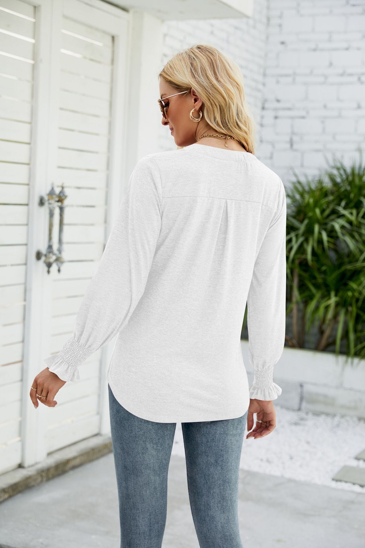 Heathered Flounce Sleeve Curved Hem Top