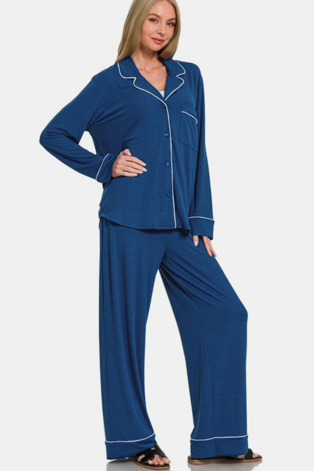 Zenana Button Down Long Sleeve Top and Pants Lounge Set