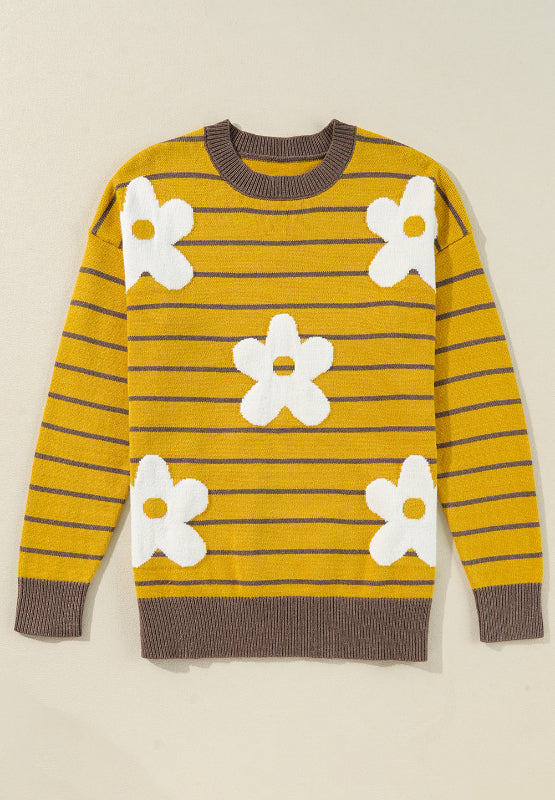 Flower Stripe Round Neck Long Sleeve Sweater