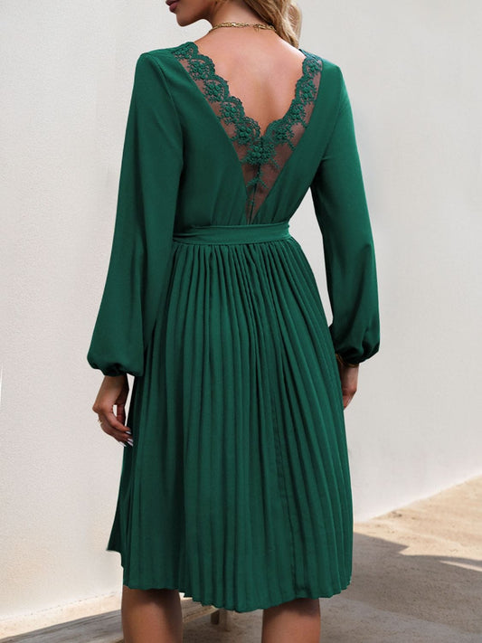 Lace V-Neck Long Sleeve Pleated Dress