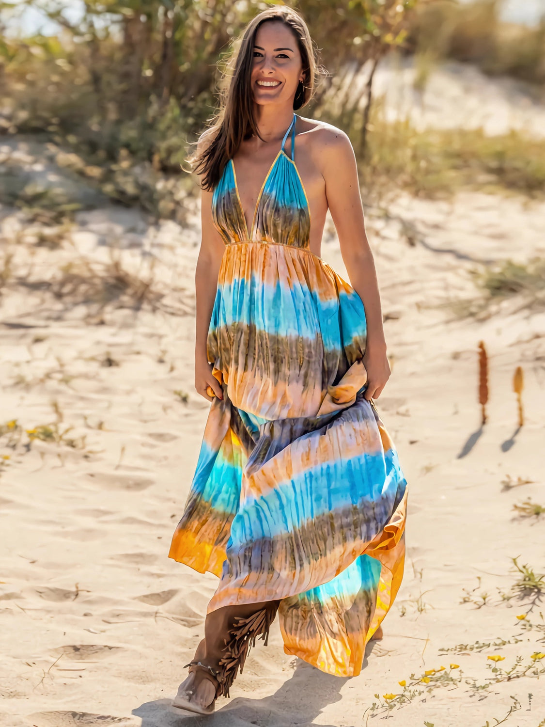 Full Size Tie-Dye Halter Neck Sleeveless Dress