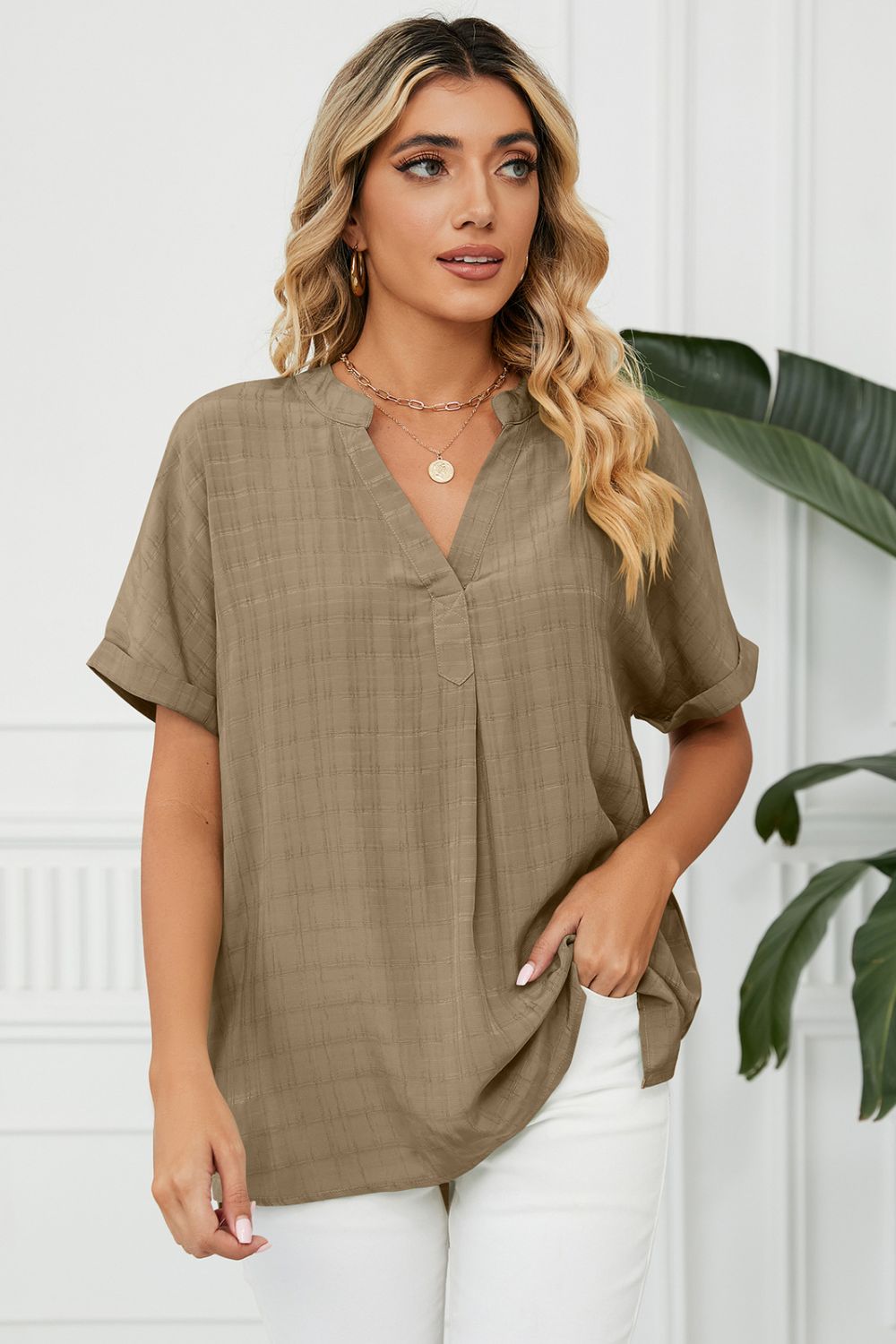 Full Size Side Slit Notched Neck Cuffed Short Sleeve Blouse