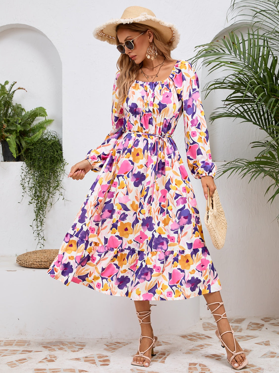 Full Size Printed Long Sleeve Midi Dress