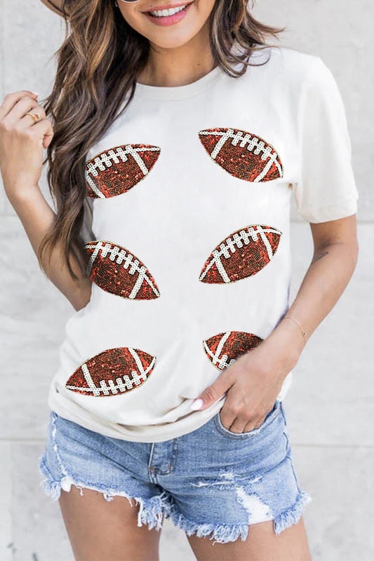 Full Size Sequin Football White Round Neck Short Sleeve T-Shirt