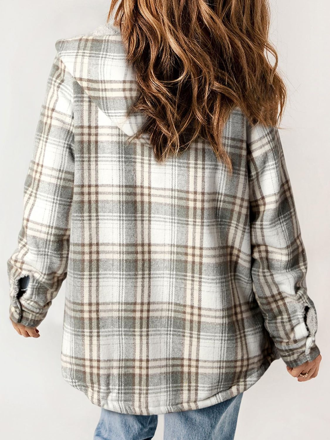 Plaid Snap Down Plush Hooded Jacket