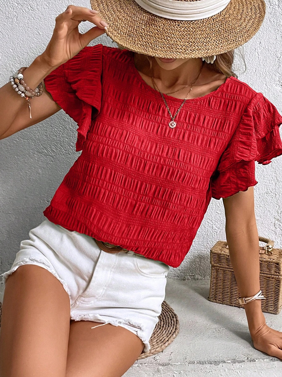 Round Neck Flounce Sleeve Blouse