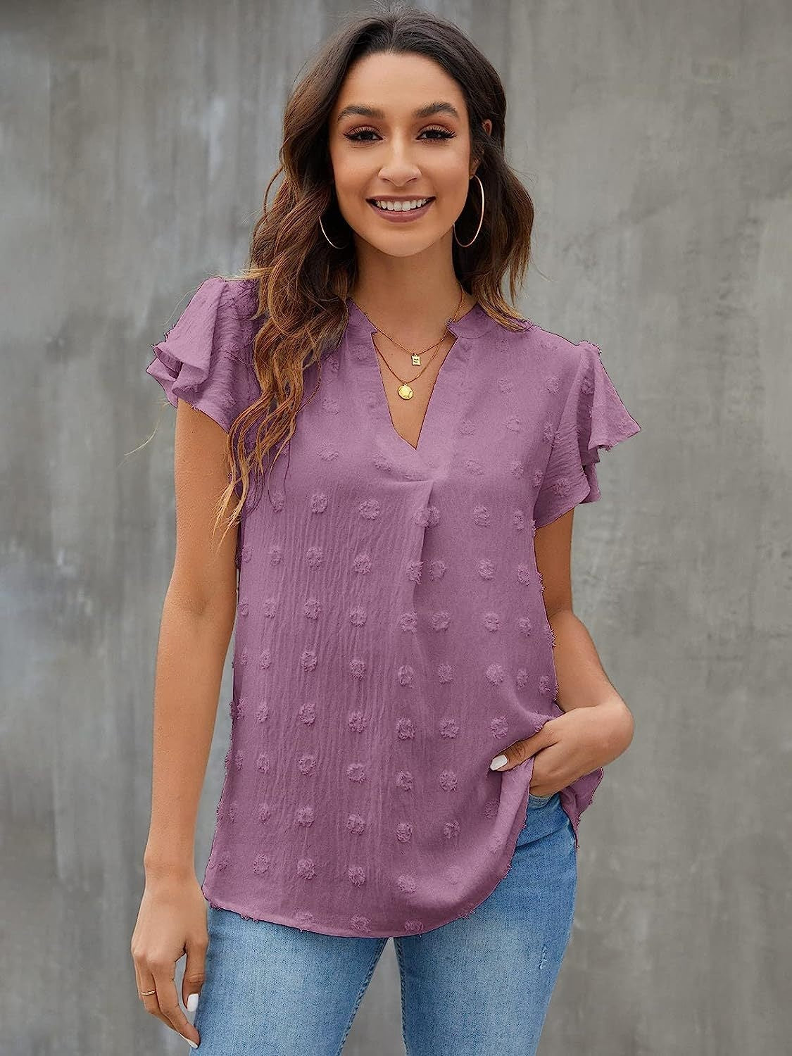 Swiss Dot Notched Cap Sleeve Blouse