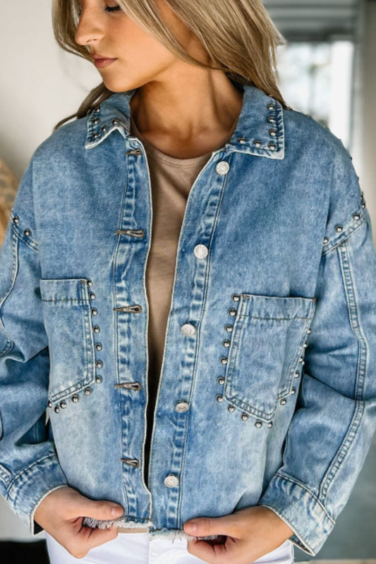 Studded Acid Wash Long Sleeve Denim Jacket